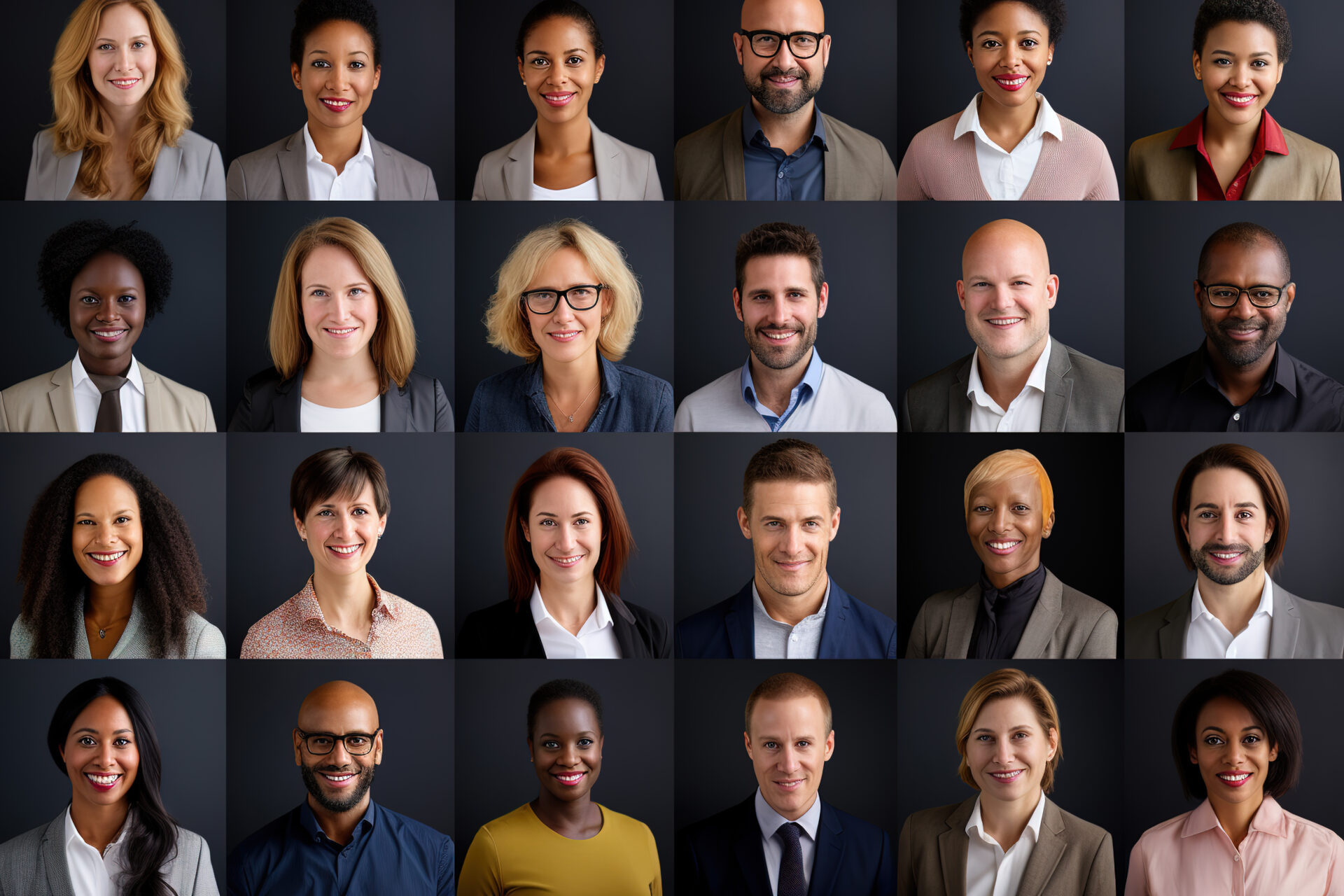 Collage of portraits of an ethnically diverse and mixed age group of business professionals smiling to camera. Join DiverseNote Mobility